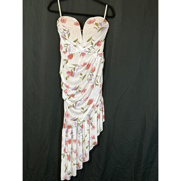 JLUXLABLE Strapless Dress L Floral Y2K 90's Fairy Ruched Asymmetrical - Picture 1 of 16